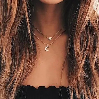 Two Layer Moon and Heart Necklace