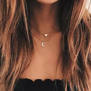 Two Layer Moon and Heart Necklace