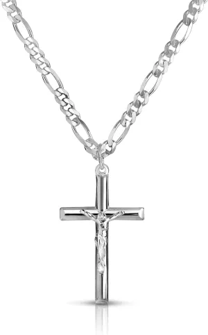 Verona Jewelers Men and Women 24" Stainless Steel 3.8MM Figaro Chain Necklace Crucifix Cross Pendant (Silver Color)