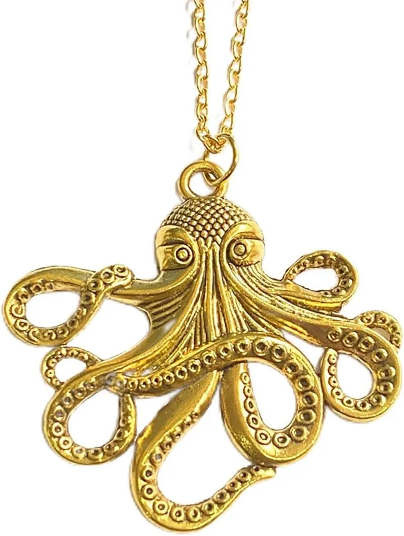 Vintage Gothic Octopus Necklace Gold Silver Black Octopus Pendant Necklace Gothic Victorian Steampunk Pendant Goth Necklace Christmas New Year Halloween Costume Jewelry for Women Men