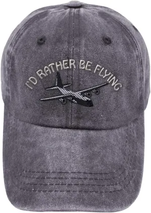 Vintage Washed Hat C-130 I'd Rather Be Flying Embroidery Cotton Dad Hats for Men & Women Buckle Closure Grey