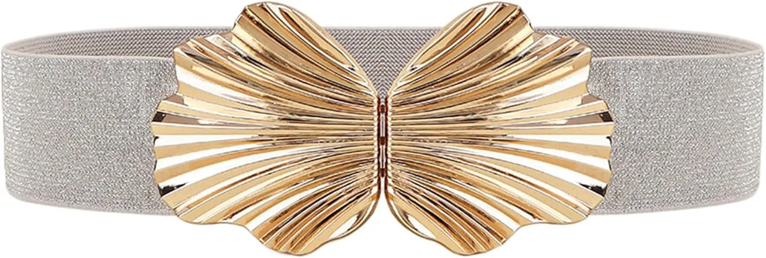 Women Brilliant Waist Belt Elastic Skinny Belt with Shell Shape Buckle Shiny Dress Belt Waistband for Girls