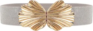 Women Brilliant Waist Belt Elastic Skinny Belt with Shell Shape Buckle Shiny Dress Belt Waistband for Girls