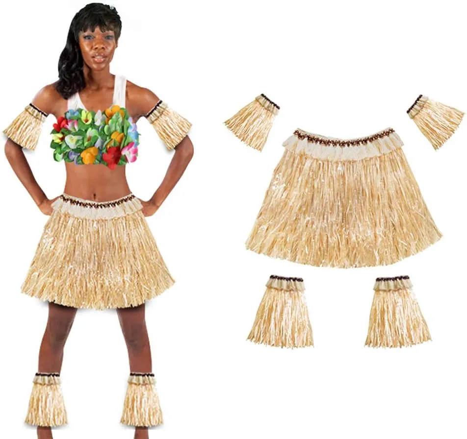 Women Men Elastic Hawaiian Party Grass Hula Skirt Stage Performances Costume Set