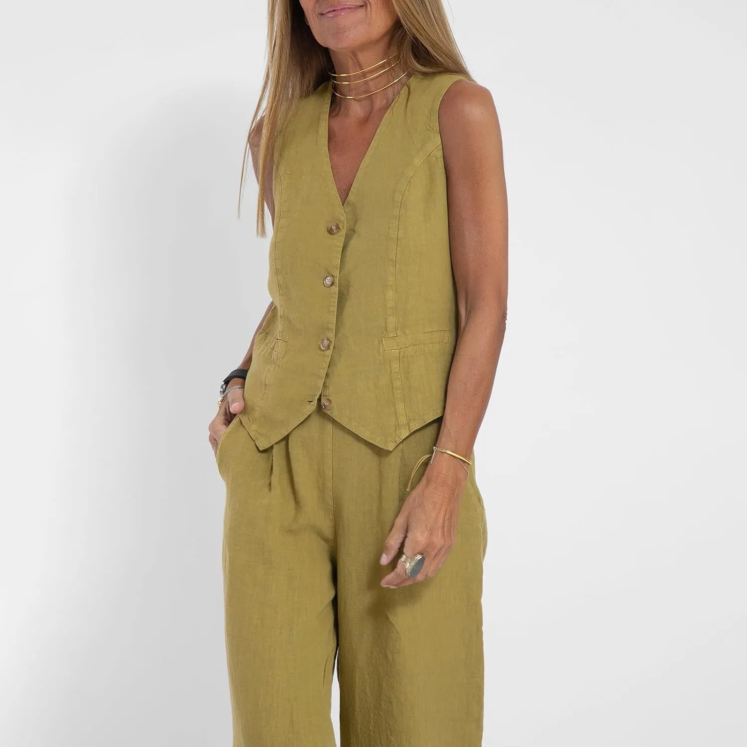 Womens Cotton Linen 2 Piece Outfit Sleeveless Suit Button V-Neck Vest and Wide Leg Pants Casual Blazer Matching Sets