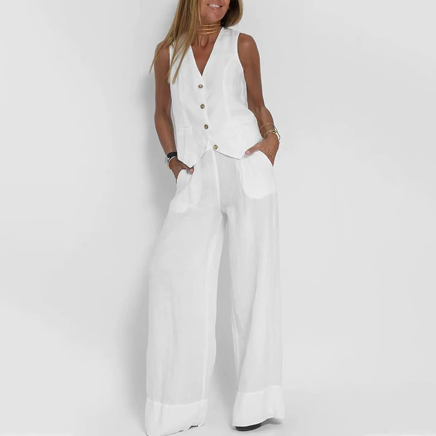 Womens Cotton Linen 2 Piece Outfit Sleeveless Suit Button V-Neck Vest and Wide Leg Pants Casual Blazer Matching Sets