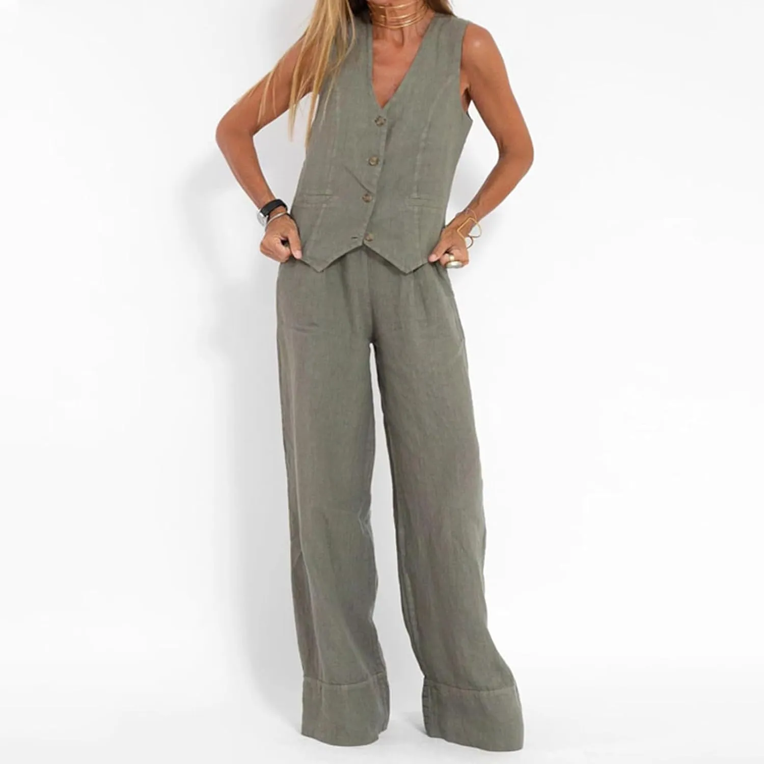 Womens Cotton Linen 2 Piece Outfit Sleeveless Suit Button V-Neck Vest and Wide Leg Pants Casual Blazer Matching Sets