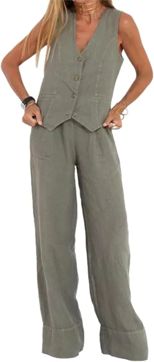 Womens Cotton Linen 2 Piece Outfit Sleeveless Suit Button V-Neck Vest and Wide Leg Pants Casual Blazer Matching Sets