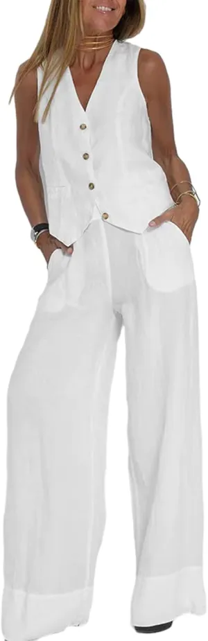 Womens Cotton Linen 2 Piece Outfit Sleeveless Suit Button V-Neck Vest and Wide Leg Pants Casual Blazer Matching Sets