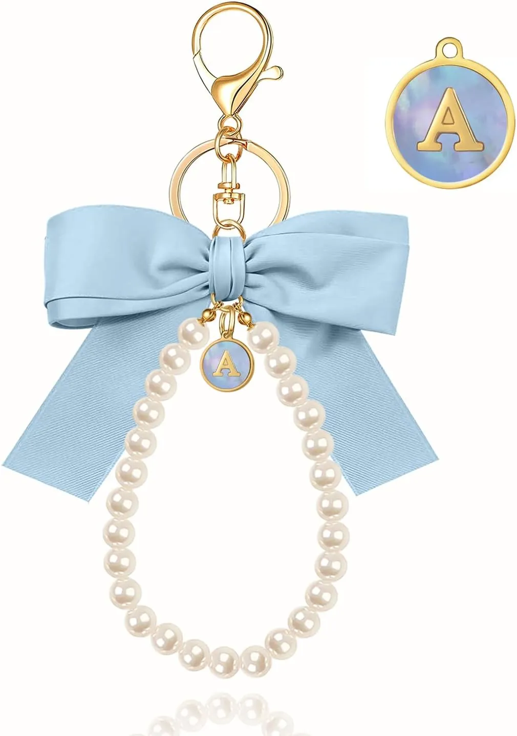 XGALBLA Initial Letter Cute Coquette Bow Keychain for Women, Wristlet Simulated Pearl Keychains Bag Charms for Handbags