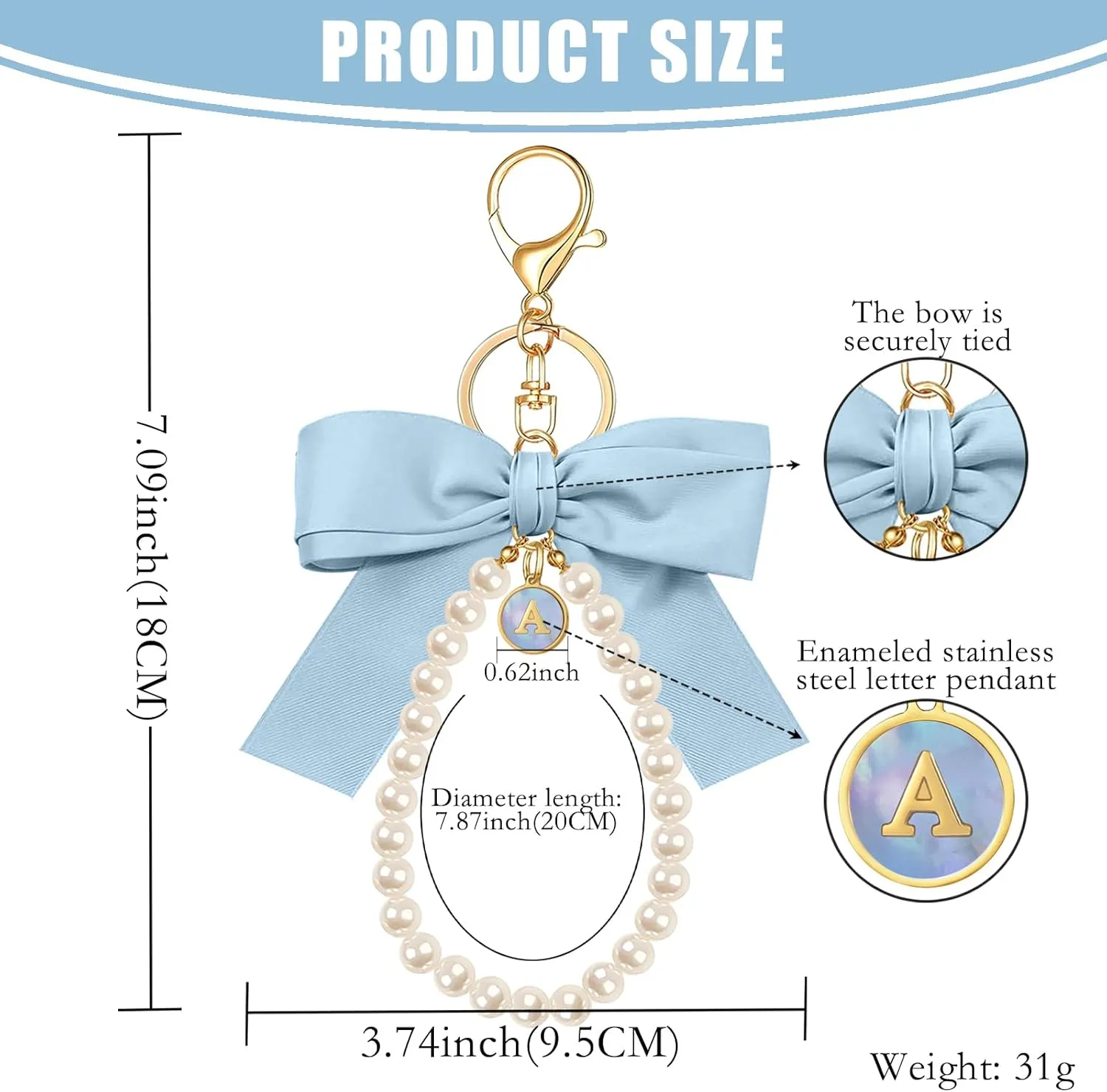 XGALBLA Initial Letter Cute Coquette Bow Keychain for Women, Wristlet Simulated Pearl Keychains Bag Charms for Handbags