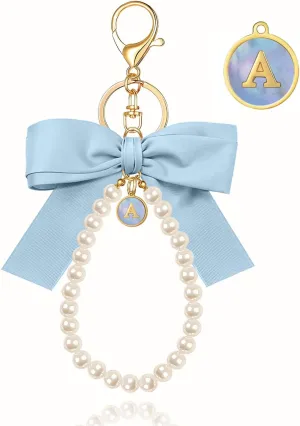 XGALBLA Initial Letter Cute Coquette Bow Keychain for Women, Wristlet Simulated Pearl Keychains Bag Charms for Handbags