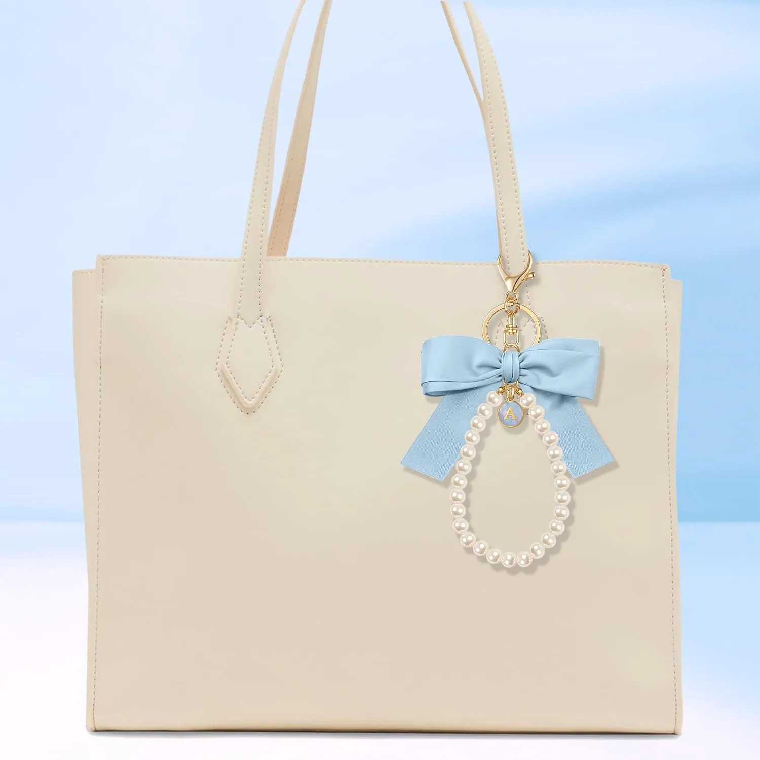 XGALBLA Initial Letter Cute Coquette Bow Keychain for Women, Wristlet Simulated Pearl Keychains Bag Charms for Handbags
