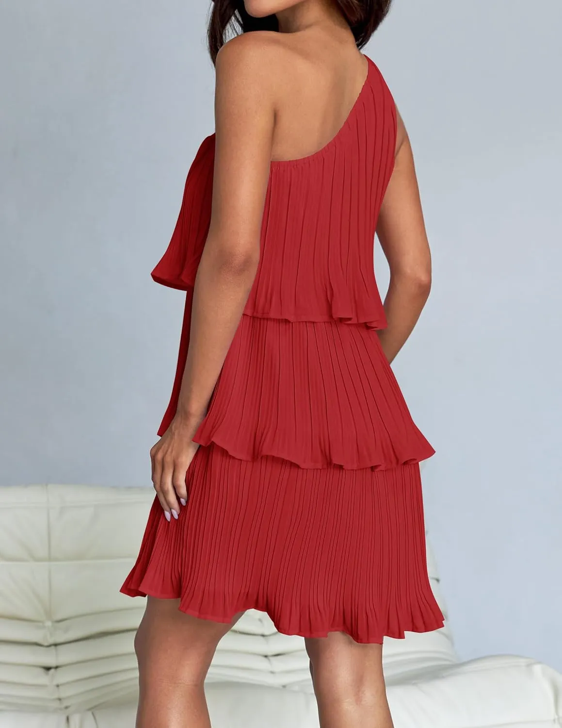 ZESICA Women's 2025 Summer Sleeveless Mini Dress Boho One Shoulder Ruffle Tiered Layered Chiffon Flowy A Line Dresses