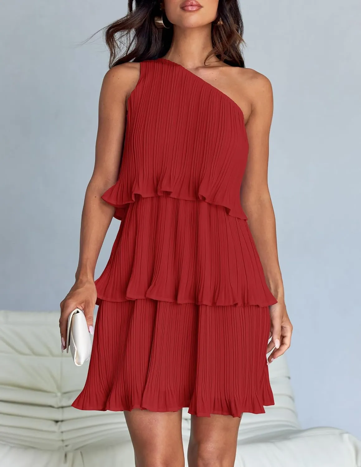 ZESICA Women's 2025 Summer Sleeveless Mini Dress Boho One Shoulder Ruffle Tiered Layered Chiffon Flowy A Line Dresses