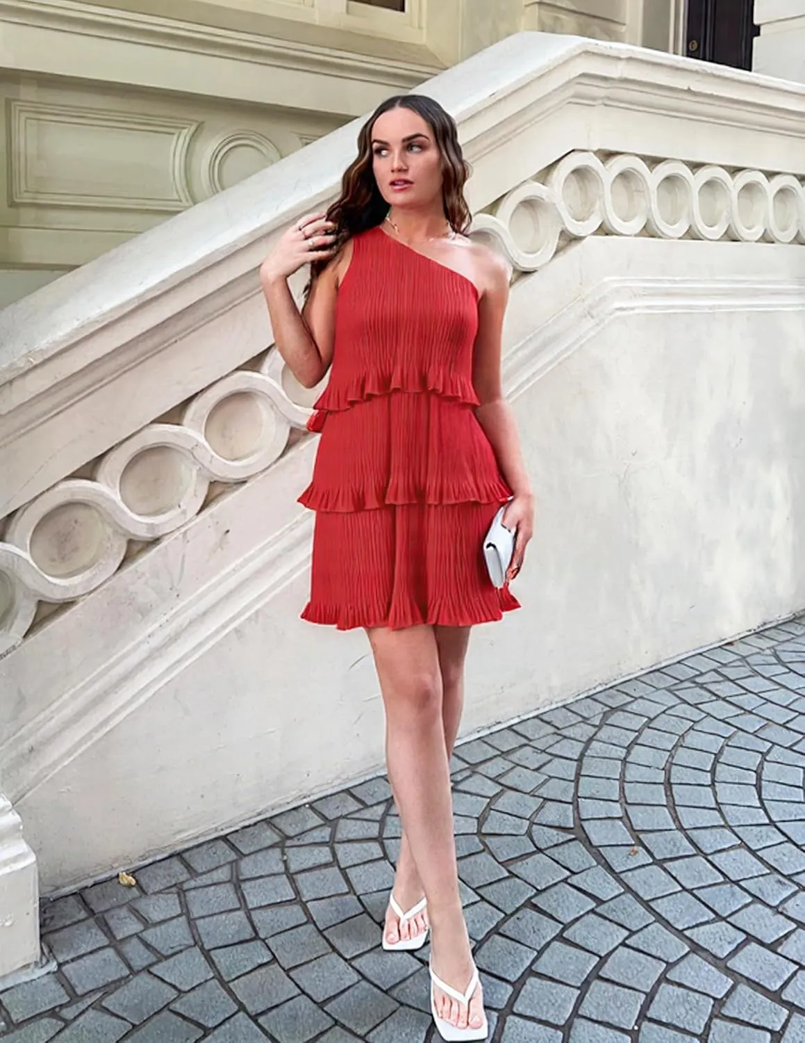 ZESICA Women's 2025 Summer Sleeveless Mini Dress Boho One Shoulder Ruffle Tiered Layered Chiffon Flowy A Line Dresses