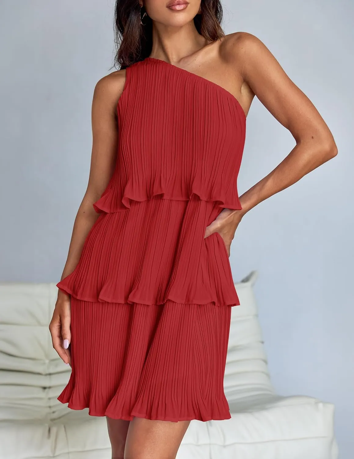 ZESICA Women's 2025 Summer Sleeveless Mini Dress Boho One Shoulder Ruffle Tiered Layered Chiffon Flowy A Line Dresses
