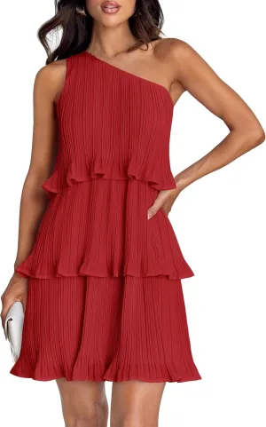 ZESICA Women's 2025 Summer Sleeveless Mini Dress Boho One Shoulder Ruffle Tiered Layered Chiffon Flowy A Line Dresses